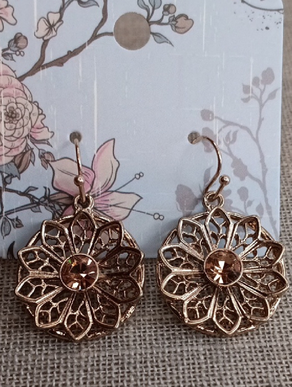 1928 Gold Floral Filigree Drop Pierced Earrings with Champagne Centers
